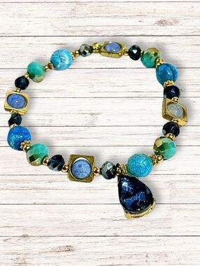 HANDCRAFTED BRACELET Bead Stone Stretch Blue Teardrop Charm Mermaidcore
